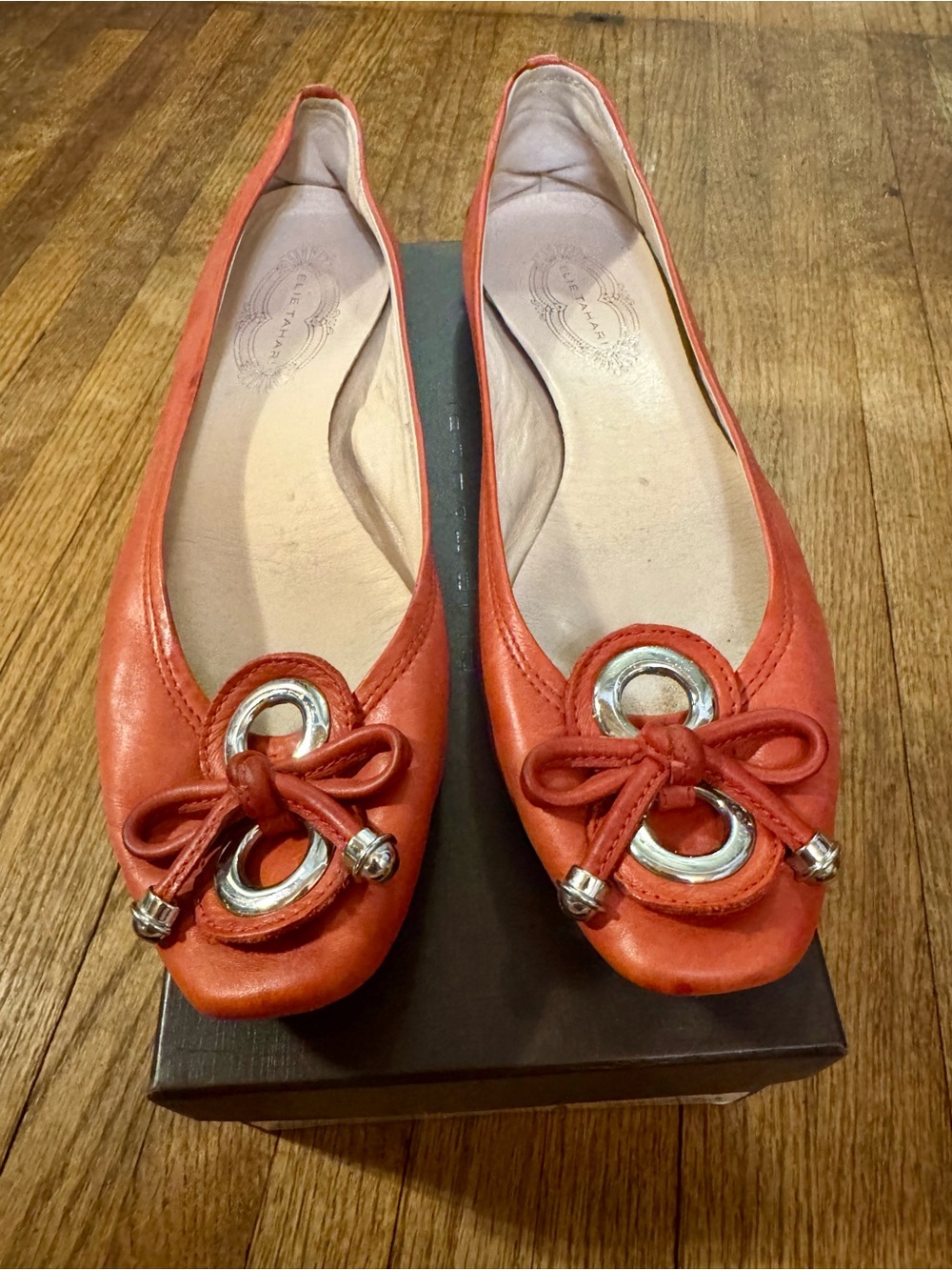 Elie Tahari Rocket Red Leather Ballet Flats with Bow & Silver Rings - 41